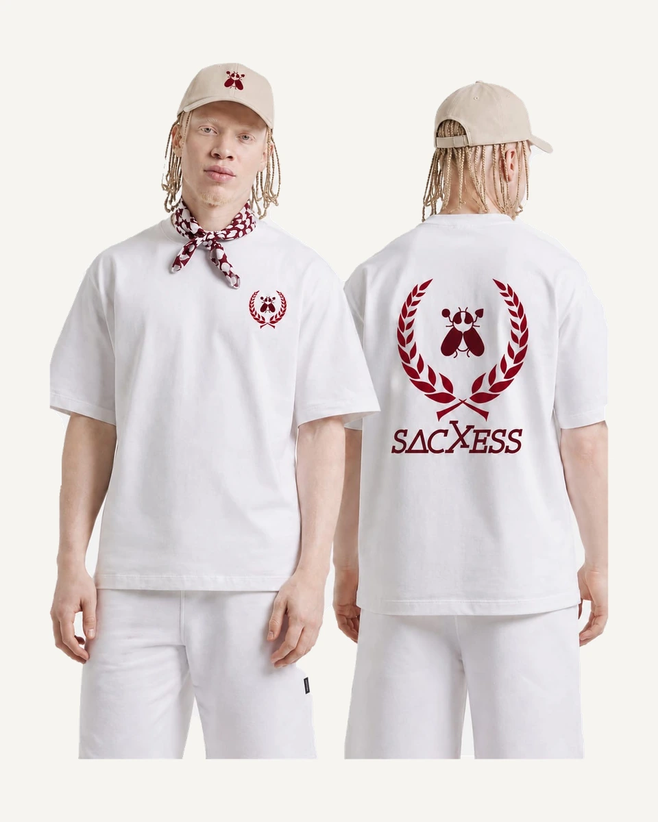 SACXESS Victory Boxy Tee in White, front and back on models.